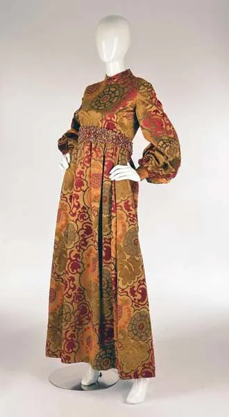 1960s George Halley Silk and Velvet Ocher Renaissance Style Gown