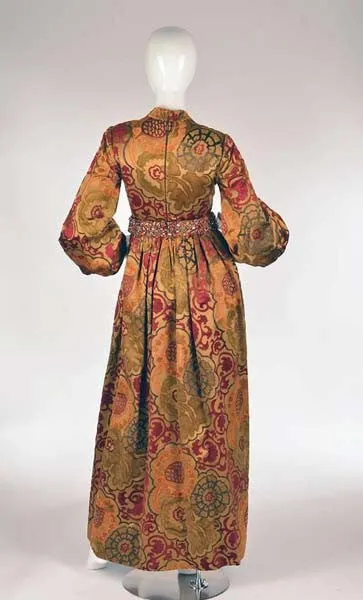 1960s George Halley Silk and Velvet Ocher Renaissance Style Gown