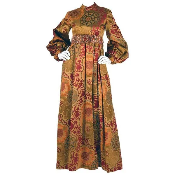 1960s George Halley Silk and Velvet Ocher Renaissance Style Gown