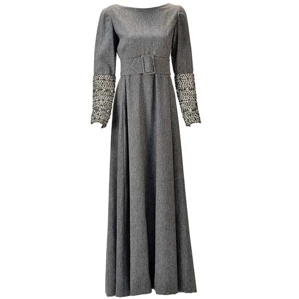 1960s Malcolm Starr Grey Formal Maxi Dress with Embellished Sleeves