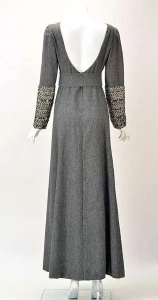 1960s Malcolm Starr Grey Formal Maxi Dress with Embellished Sleeves