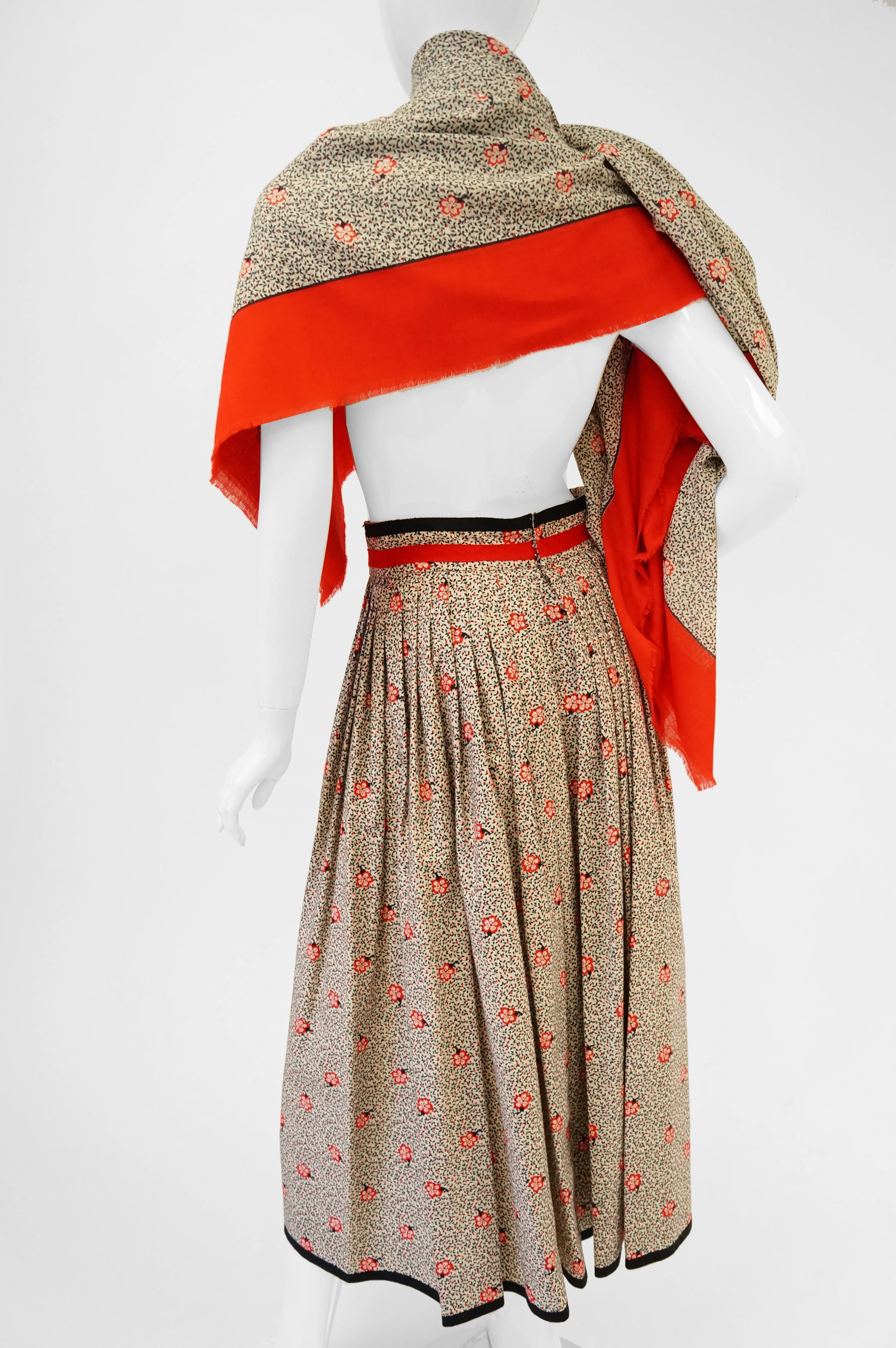 1970s Givenchy Red and Black Floral Midi Skirt and Shawl