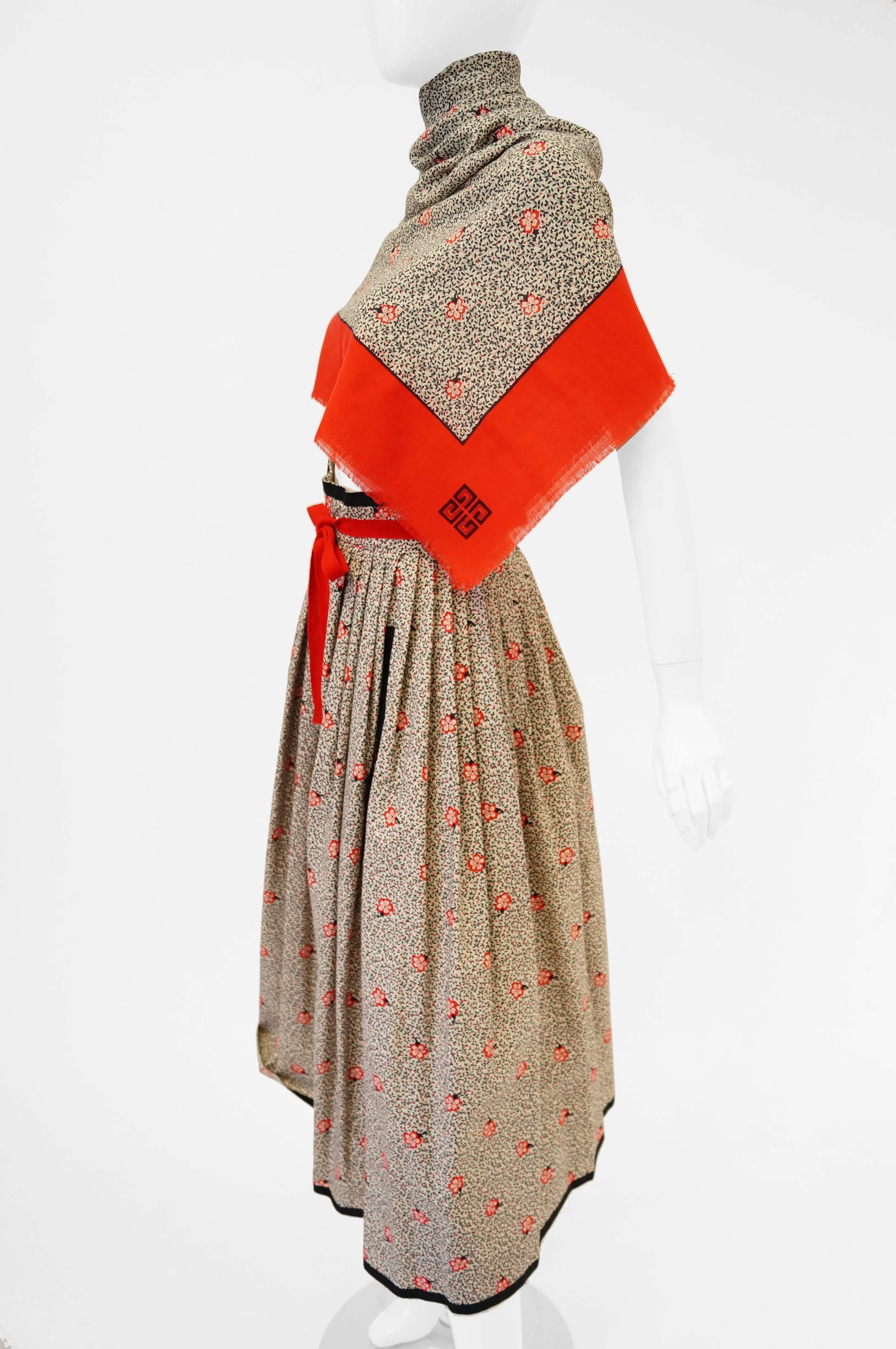 1970s Givenchy Red and Black Floral Midi Skirt and Shawl