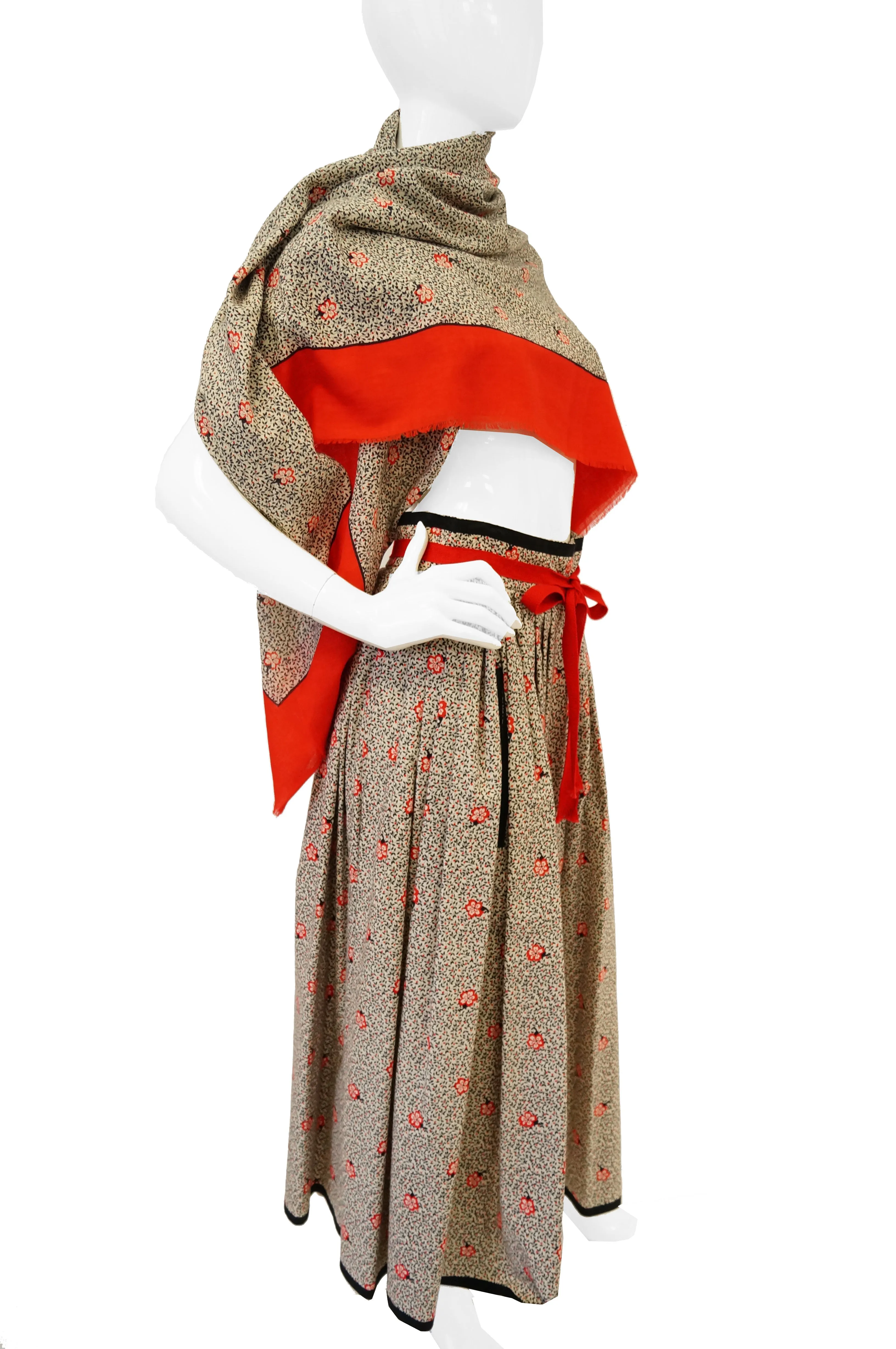 1970s Givenchy Red and Black Floral Midi Skirt and Shawl