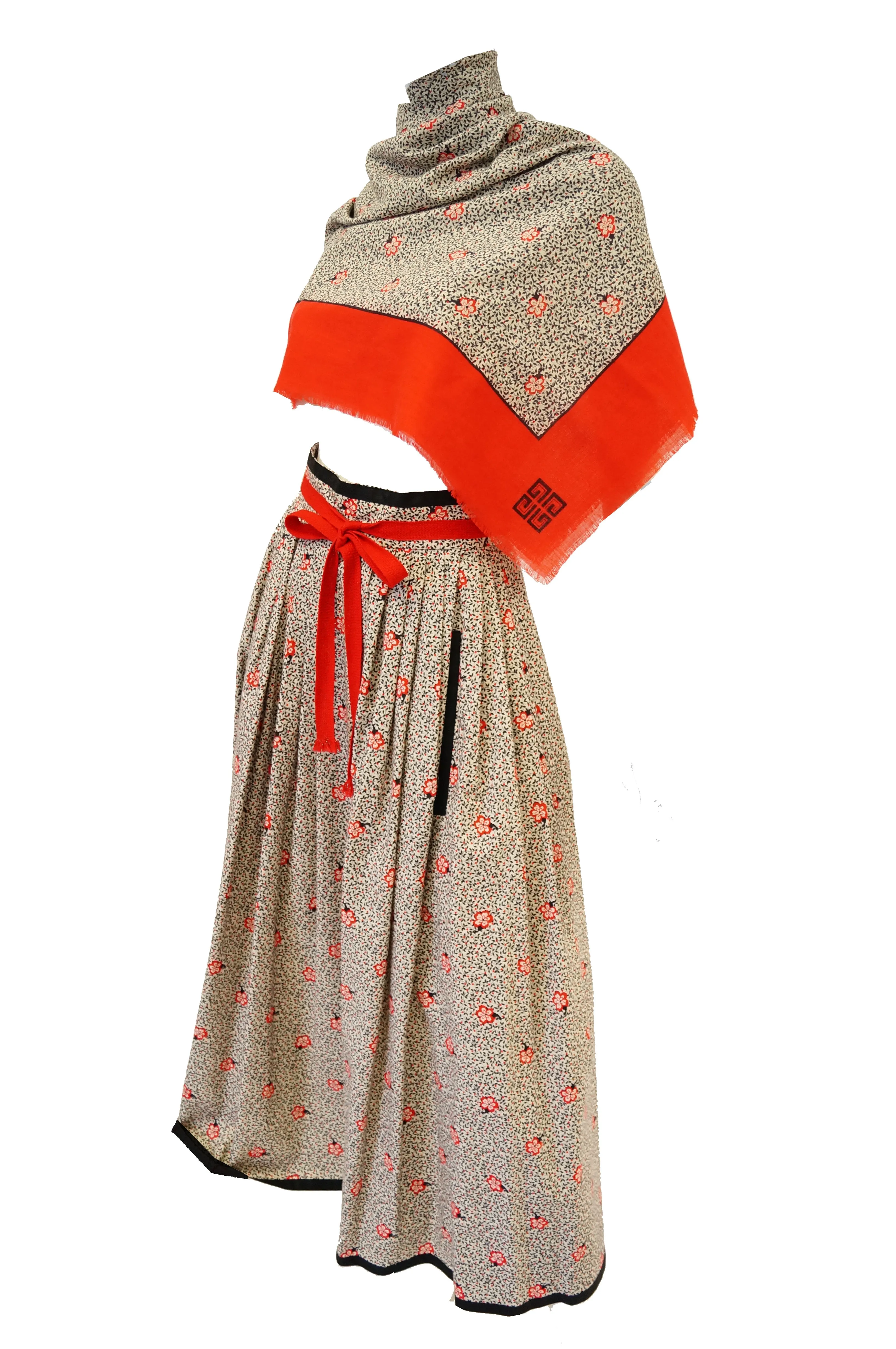 1970s Givenchy Red and Black Floral Midi Skirt and Shawl