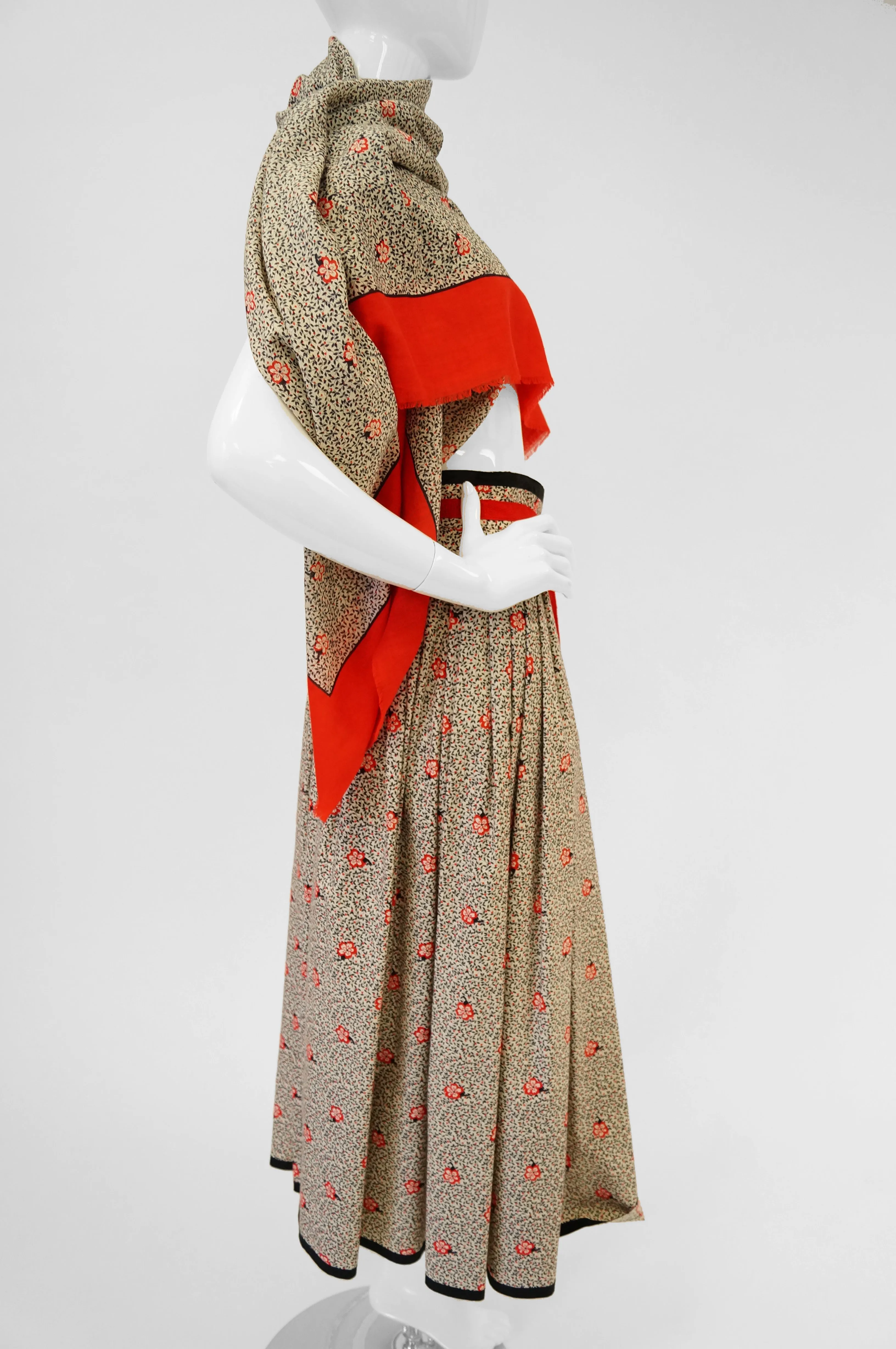 1970s Givenchy Red and Black Floral Midi Skirt and Shawl