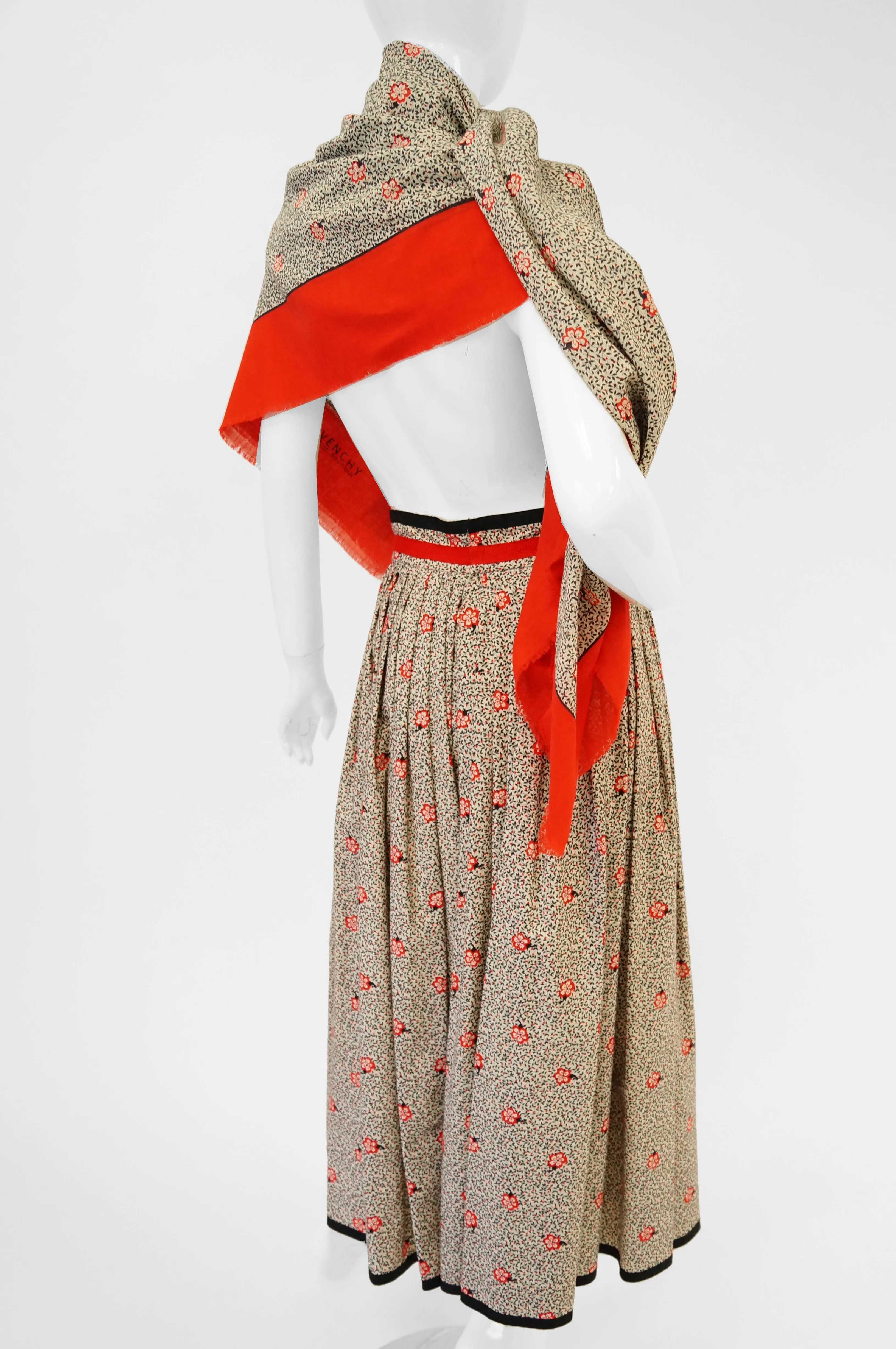 1970s Givenchy Red and Black Floral Midi Skirt and Shawl