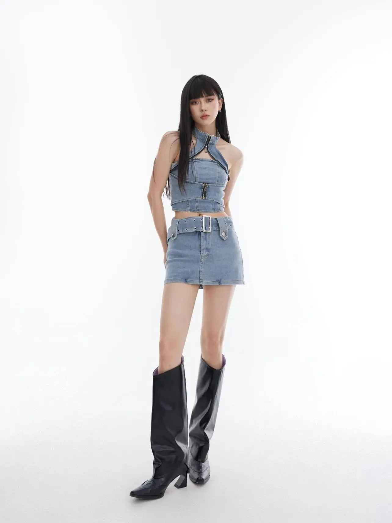 【23s August.】Trend Denim Vest Tight Skirt