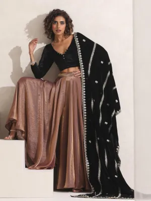 3 Pc SET - Arabian Glamour Gold Metallic Sharara with Velvet Blouse and Beaded Black Shawl