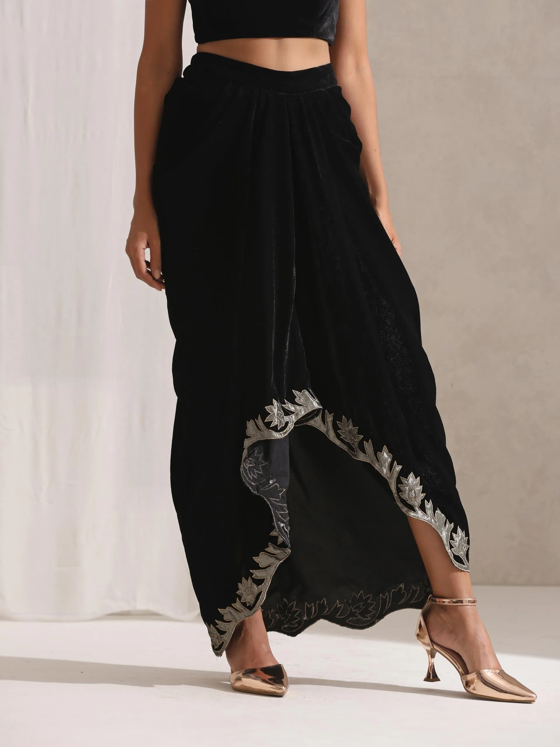 3 pc SET - Juicy Black Velvet Dhoti and Jacket with Embroidery with Blouse