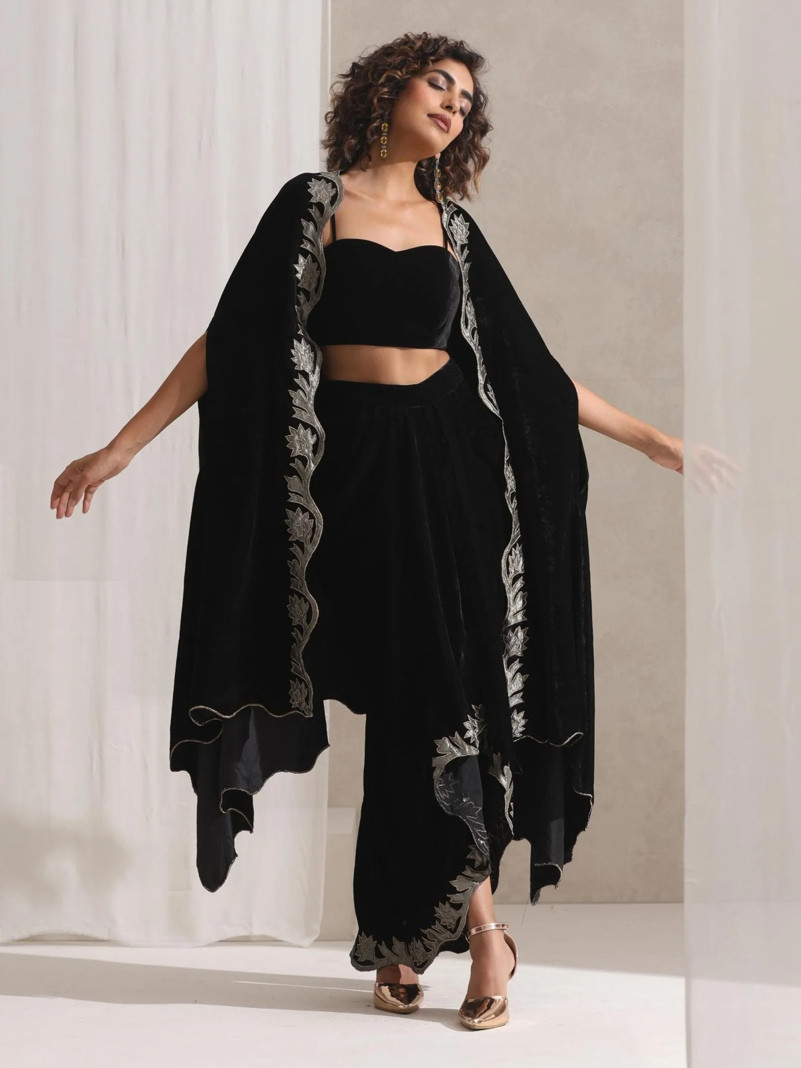 3 pc SET - Juicy Black Velvet Dhoti and Jacket with Embroidery with Blouse