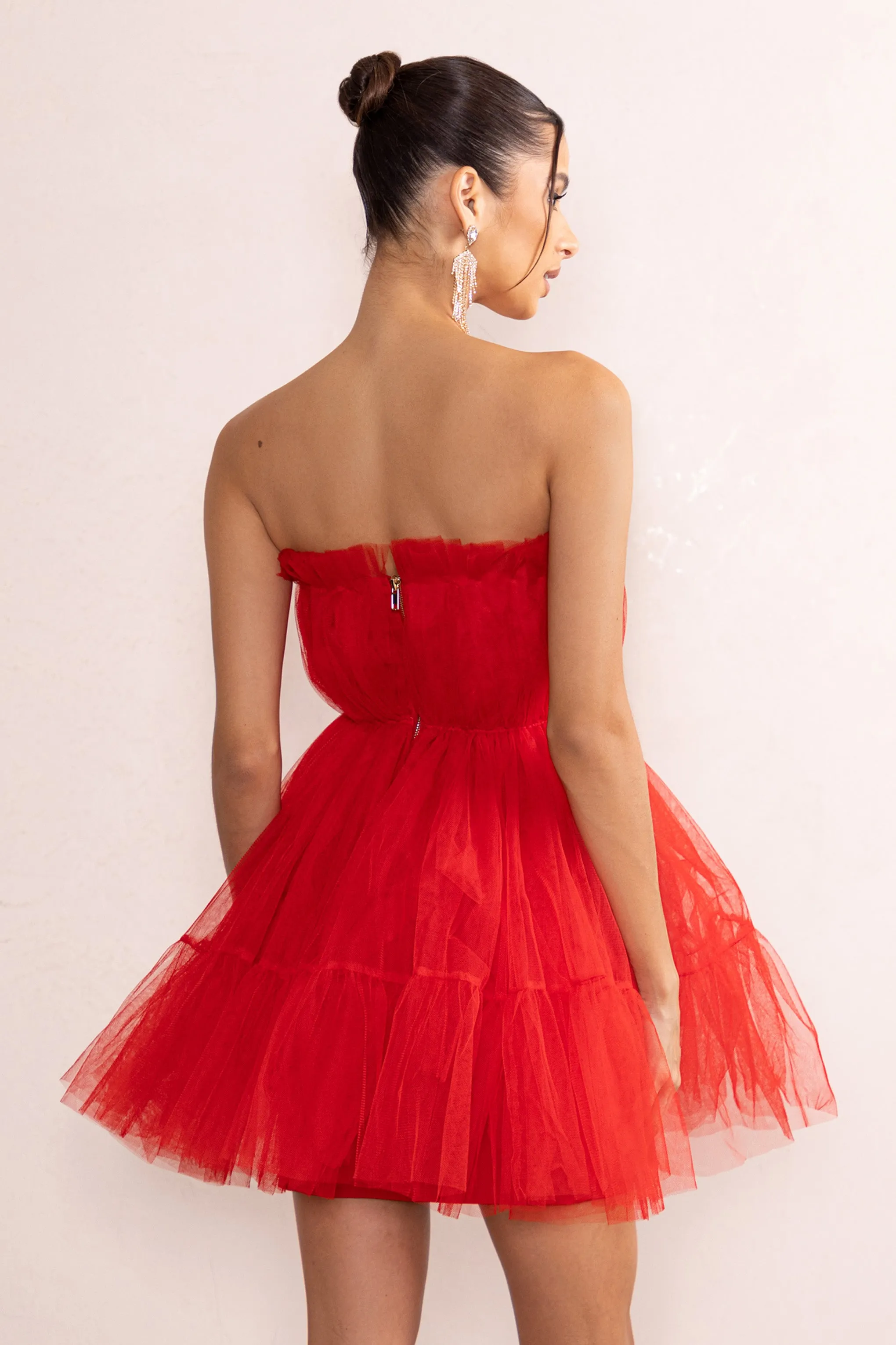 Aella | Red Bandeau Volume Pleated Tulle Mini Dress