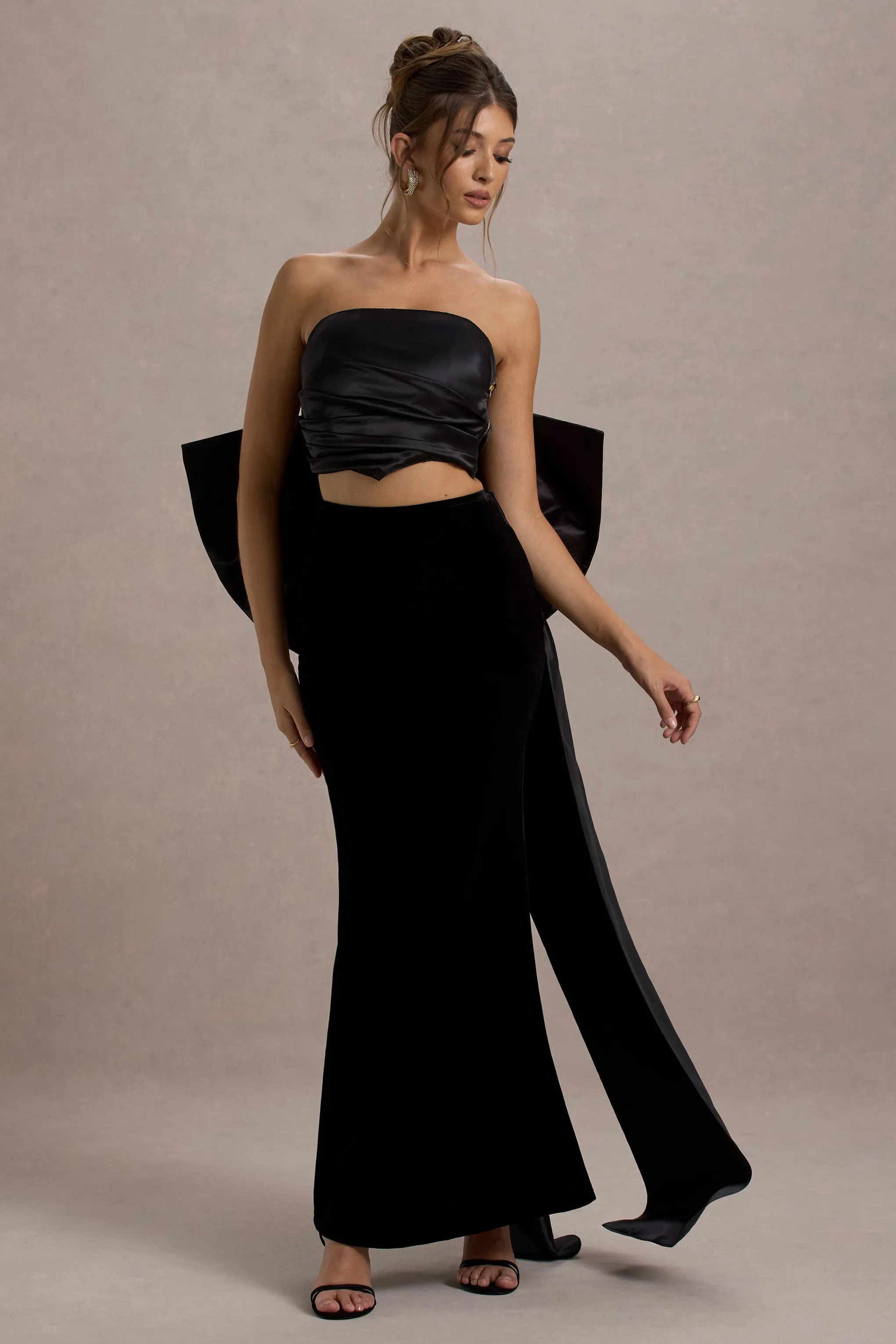 Alize | Black Velvet Split Maxi Skirt