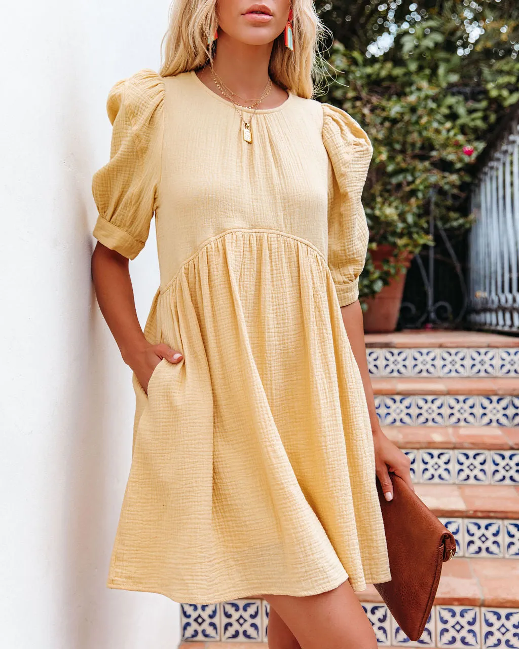 Amber Cotton Pocketed Puff Sleeve Dress - Yellow - FINAL SALE