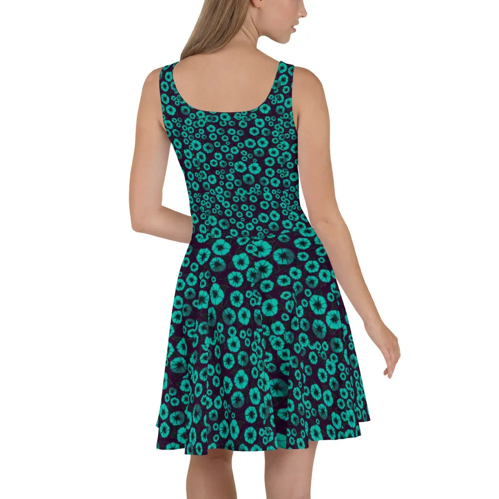 Aqua Flowers Burst designer Skater Dress by John A. Conroy