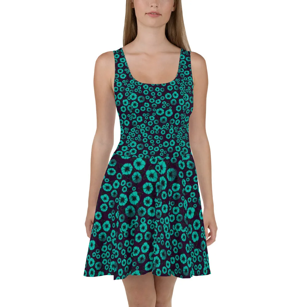 Aqua Flowers Burst designer Skater Dress by John A. Conroy