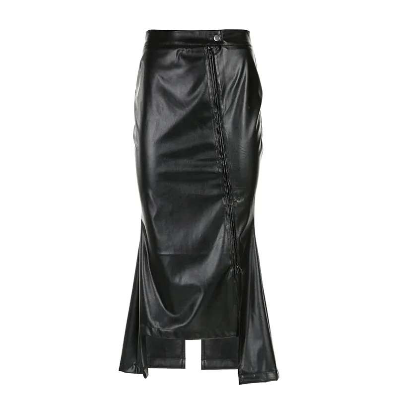 Asymmetrical Folds Black Leather Skirt Ladies Elegant Folds Zipper Sexy Long Skirt Clubwear Party Fashion Slit Bottom