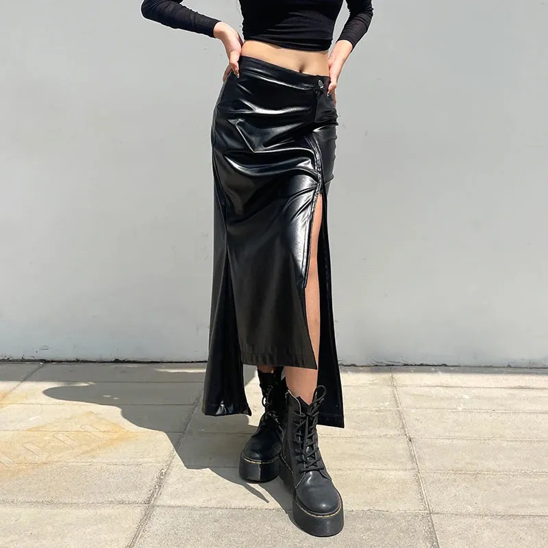 Asymmetrical Folds Black Leather Skirt Ladies Elegant Folds Zipper Sexy Long Skirt Clubwear Party Fashion Slit Bottom