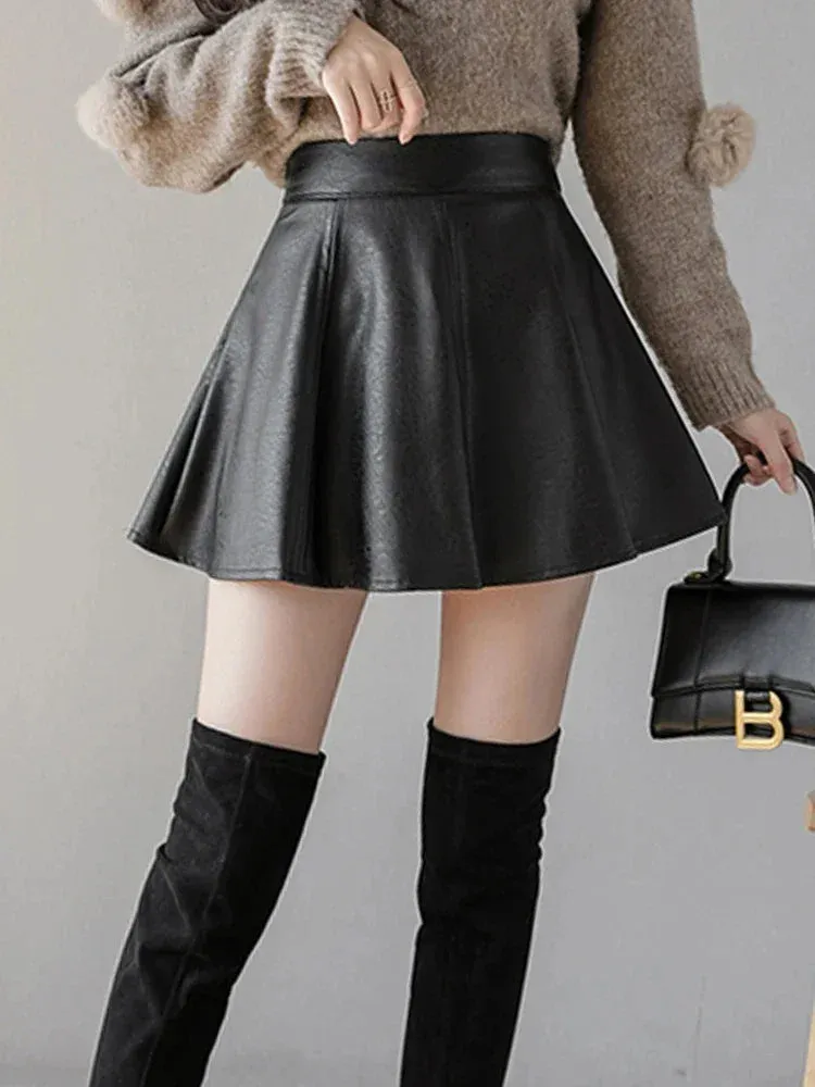 Autumn Korean Fashion Women's Solid Color PU Pleated Skirts Slim Fit High Waisted Unique Zippered Mini Leather Skirt