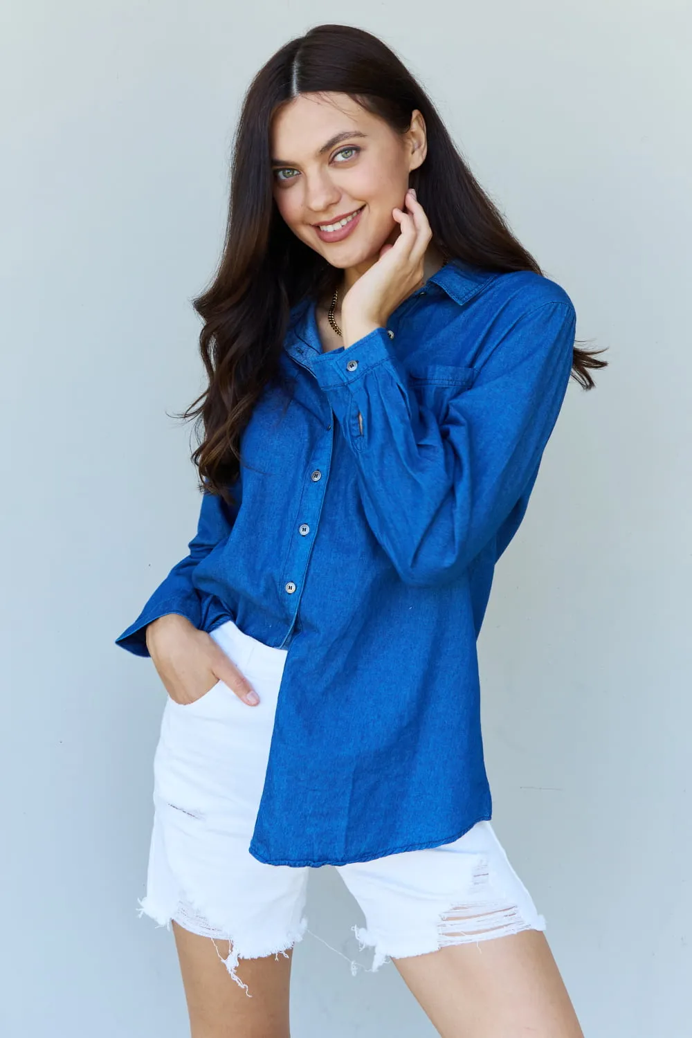 Baby Denim Button Down Shirt Top in Dark Blue