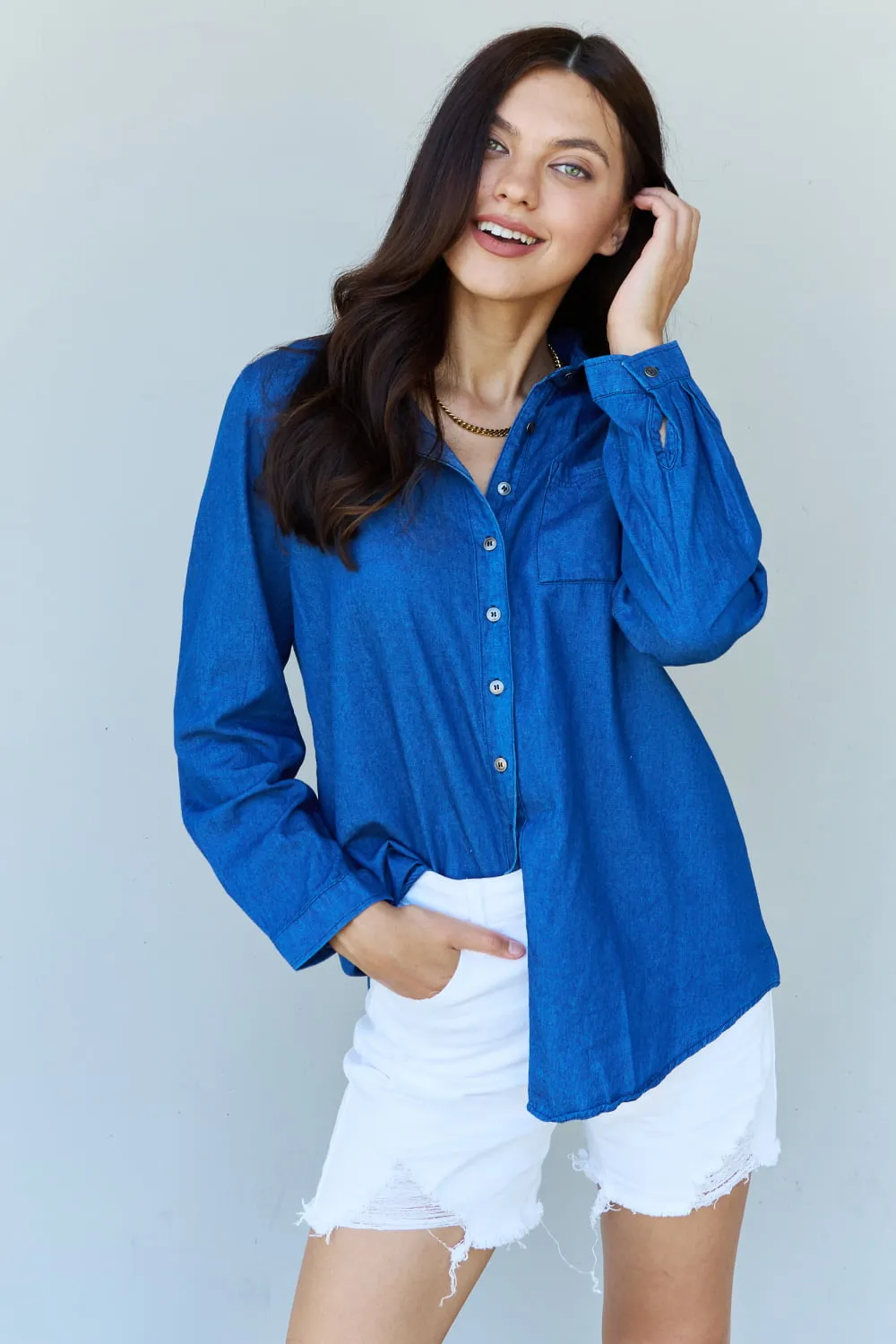 Baby Denim Button Down Shirt Top in Dark Blue