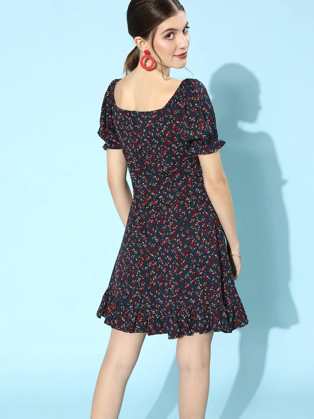 Berrylush Women Navy Blue & Red Floral Ruffled Hem A-Line Mini Dress