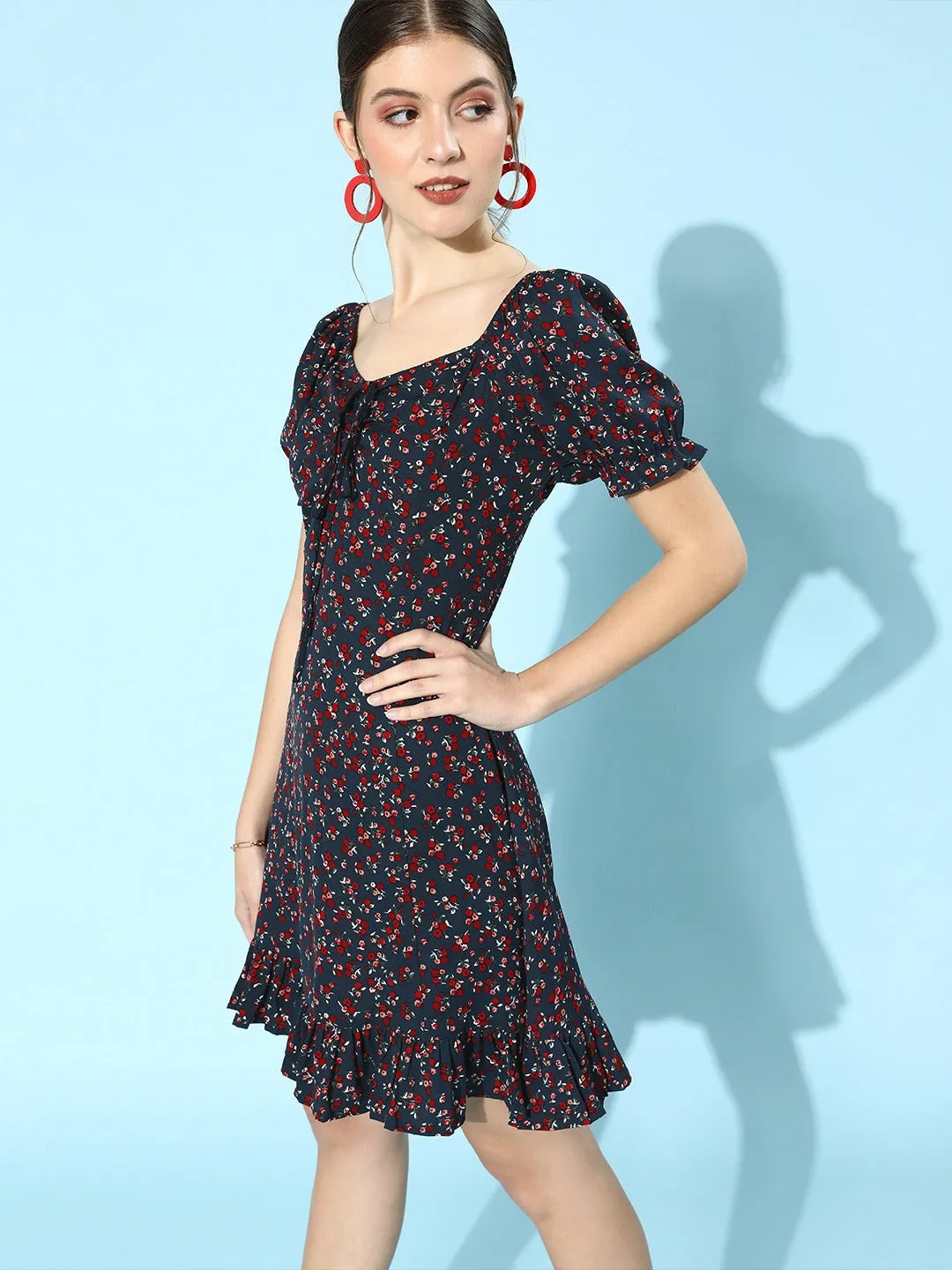 Berrylush Women Navy Blue & Red Floral Ruffled Hem A-Line Mini Dress