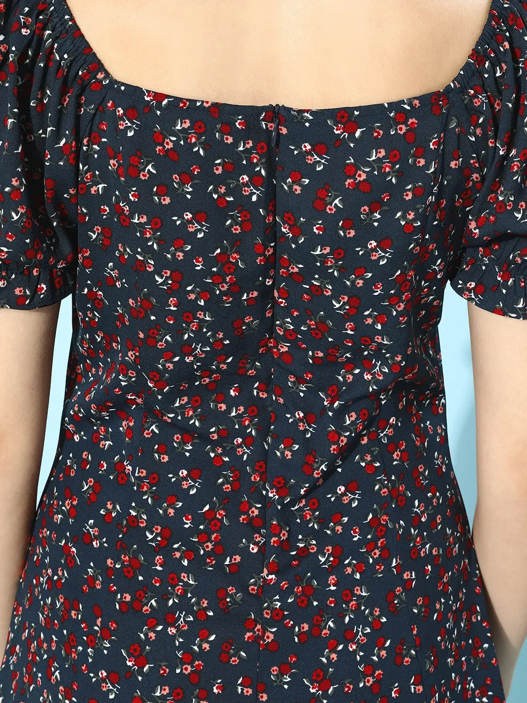 Berrylush Women Navy Blue & Red Floral Ruffled Hem A-Line Mini Dress