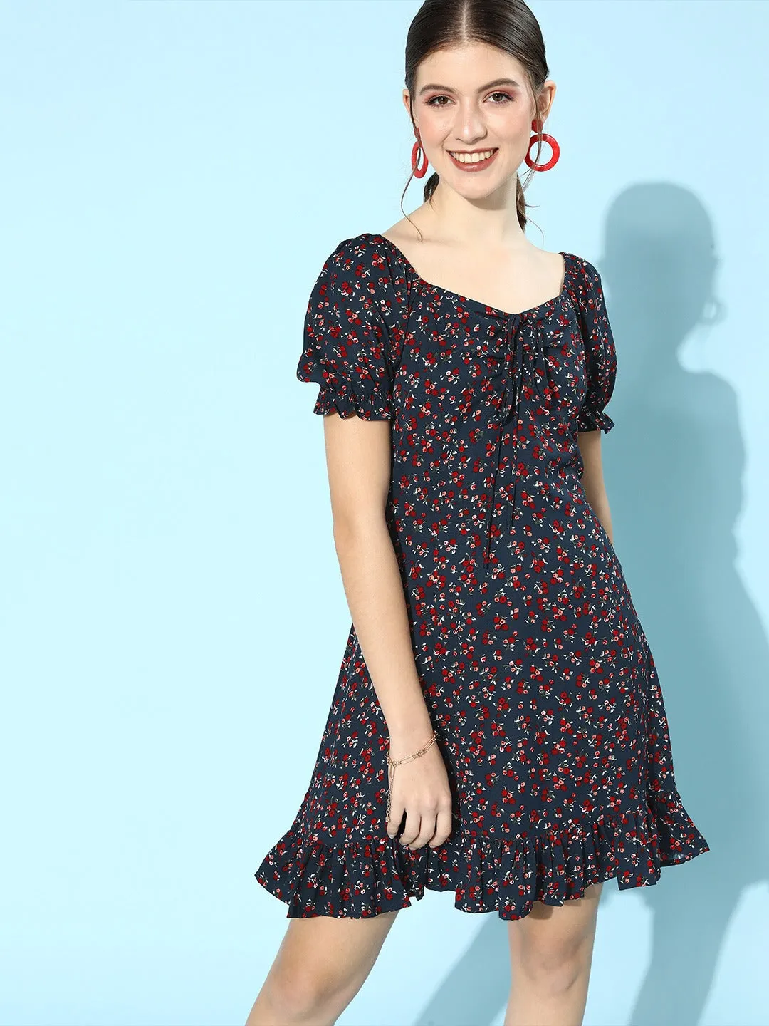 Berrylush Women Navy Blue & Red Floral Ruffled Hem A-Line Mini Dress