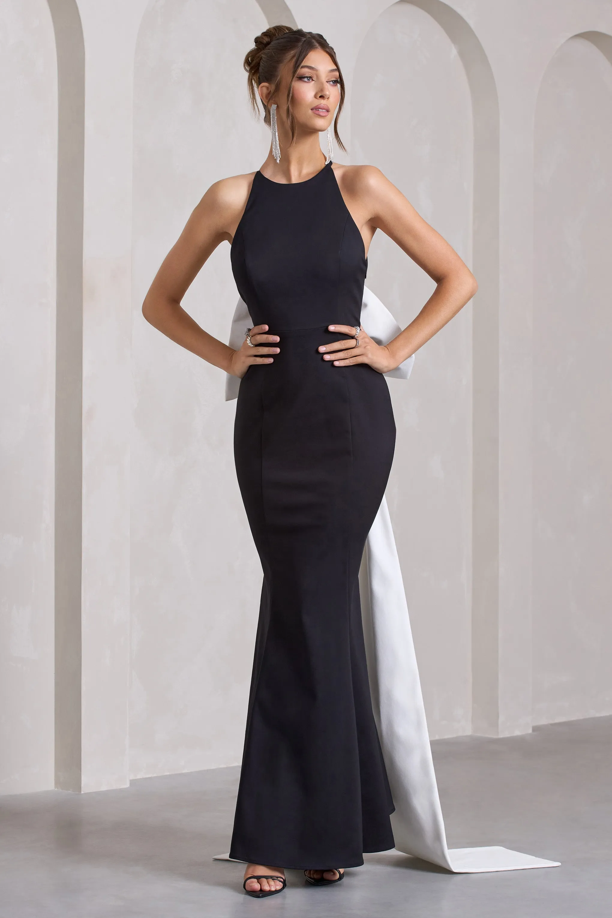 Bestow | Black Open-Back Maxi Dress With Oversized White Bow