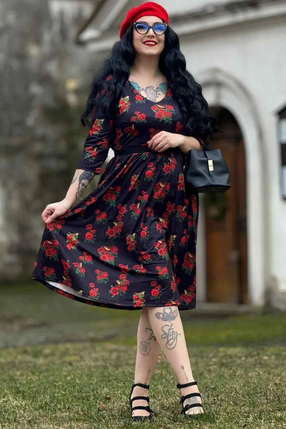 Billie Red Rose & Bird Long Sleeved Dress