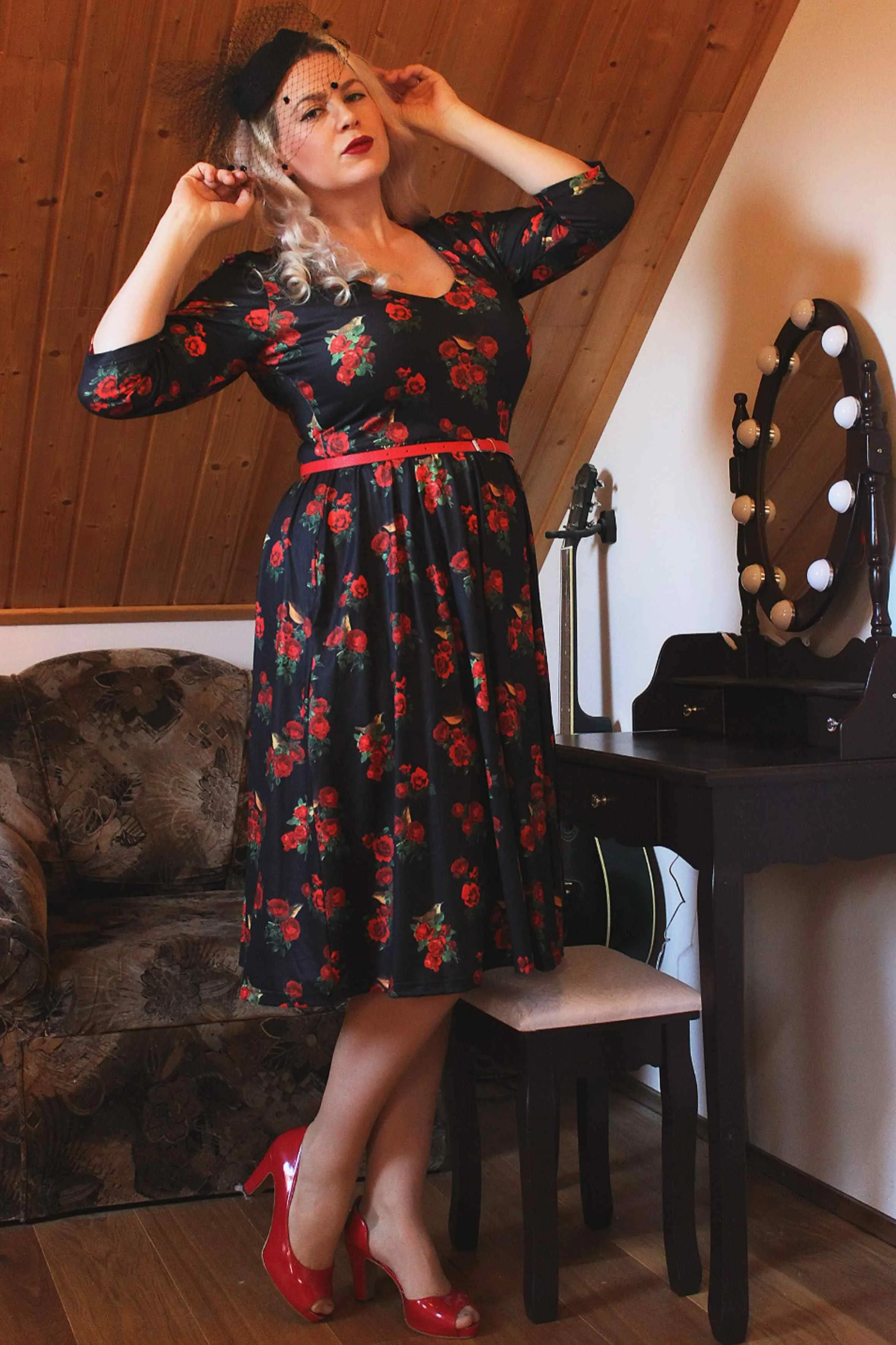 Billie Red Rose & Bird Long Sleeved Dress