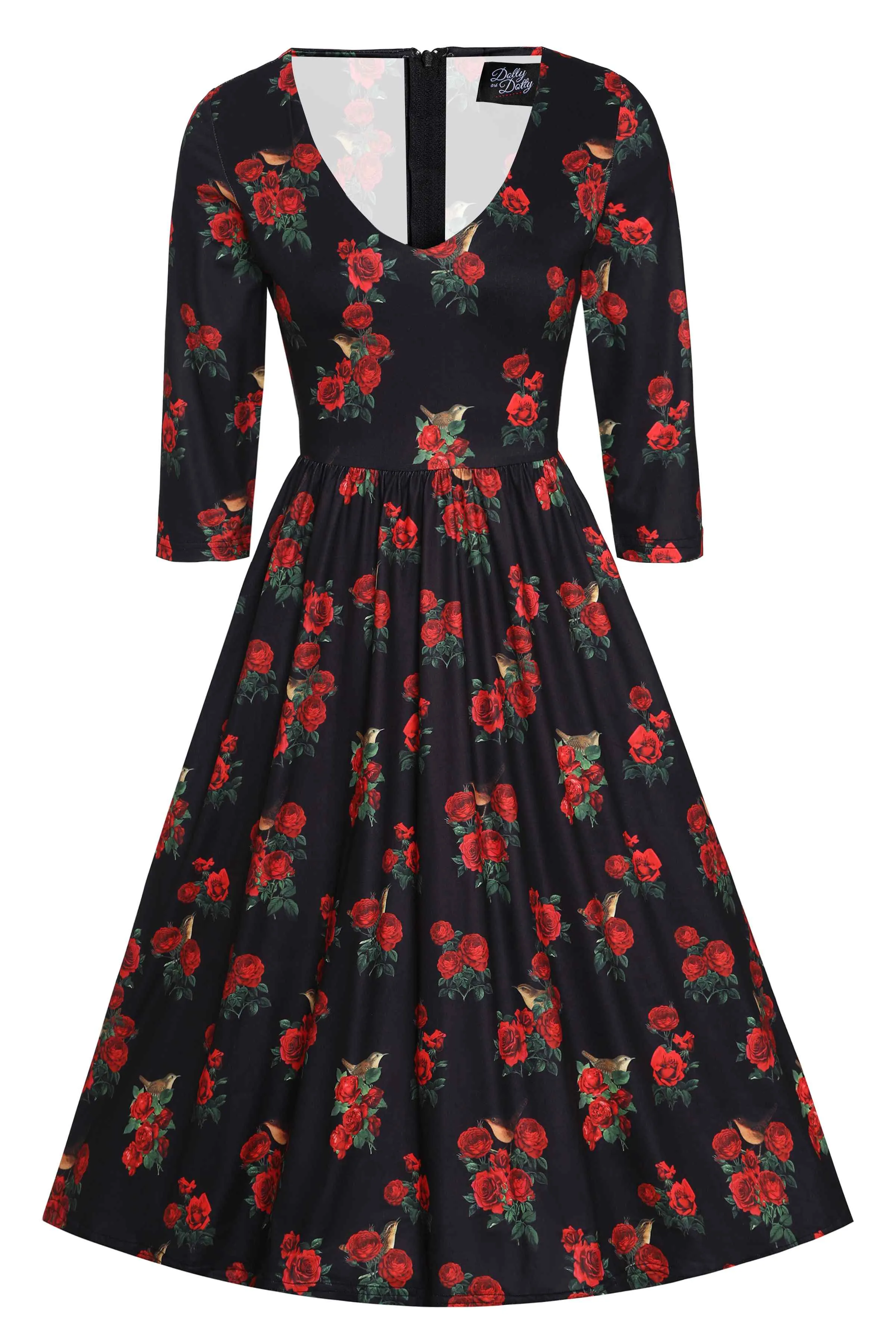 Billie Red Rose & Bird Long Sleeved Dress