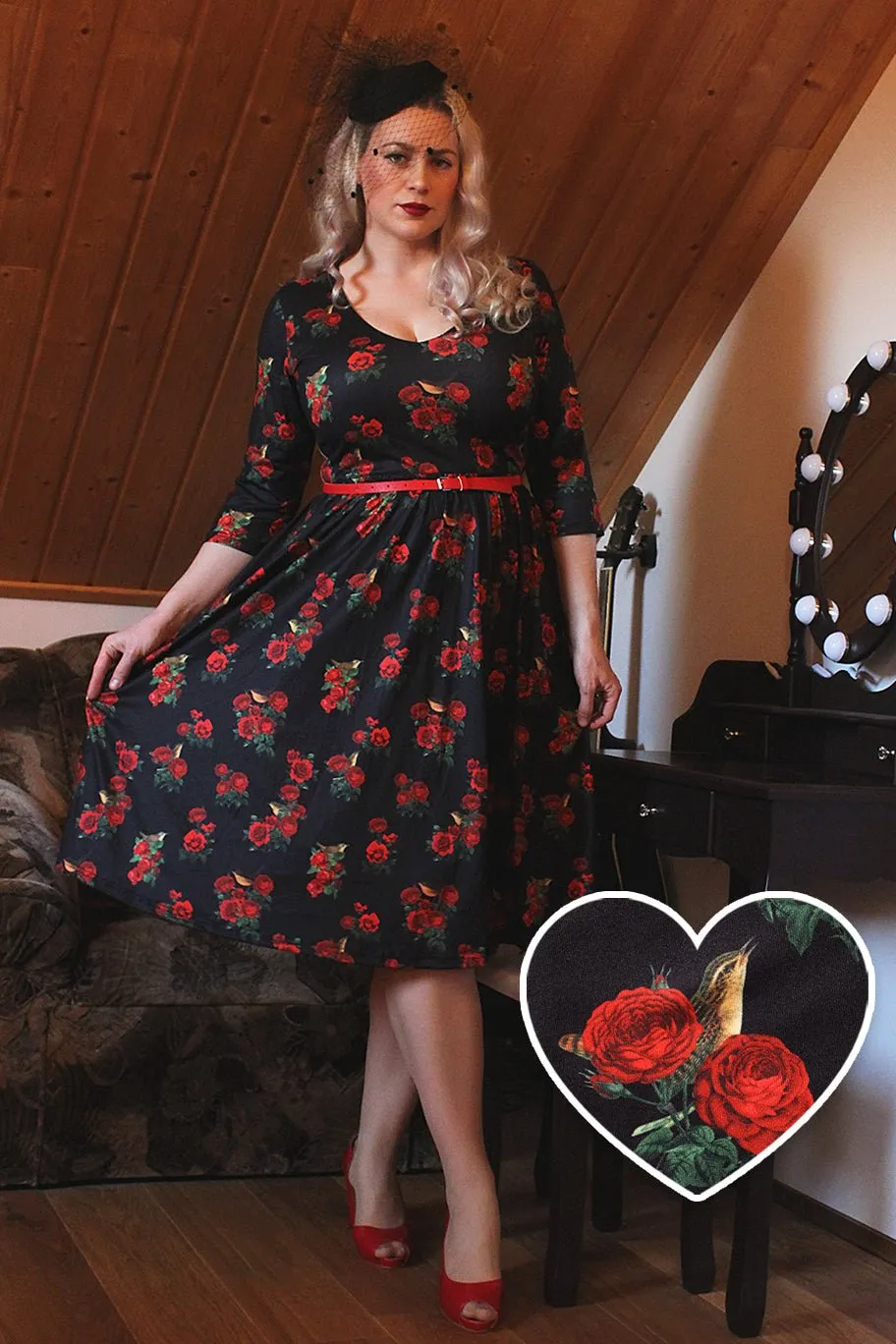 Billie Red Rose & Bird Long Sleeved Dress