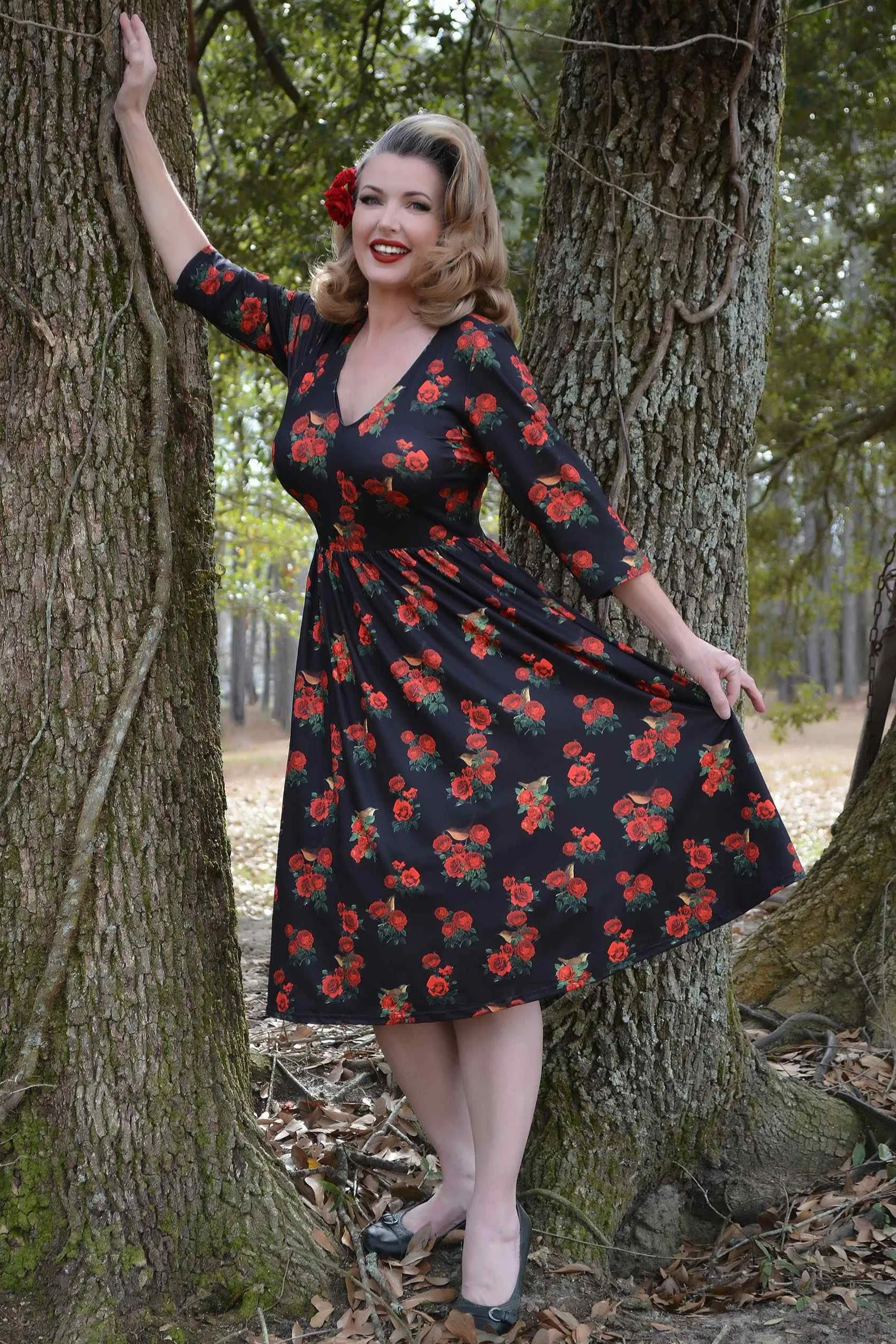 Billie Red Rose & Bird Long Sleeved Dress