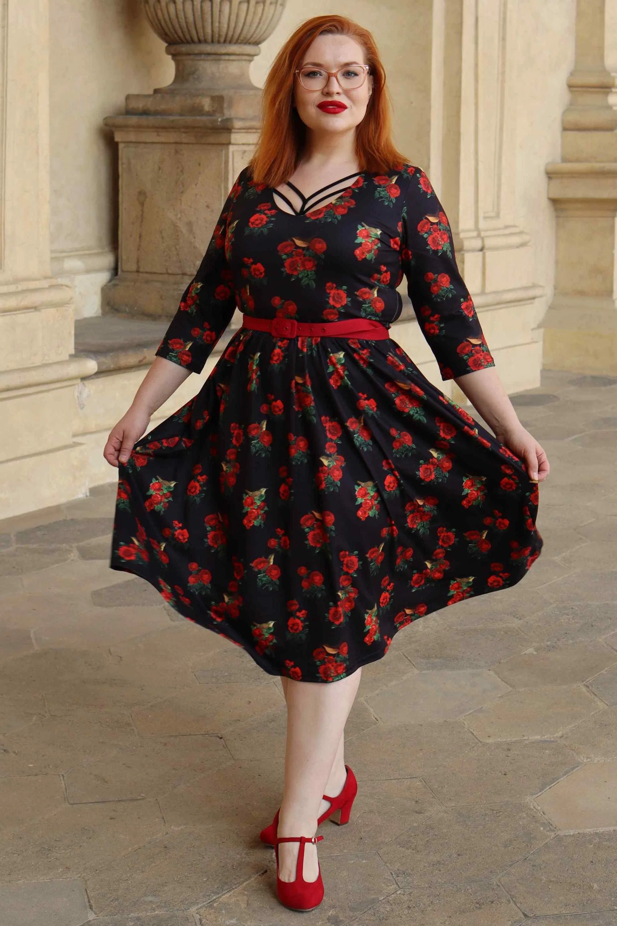 Billie Red Rose & Bird Long Sleeved Dress