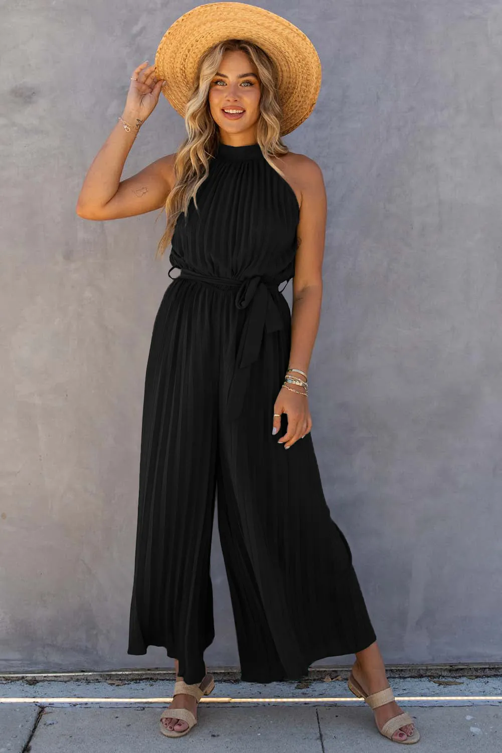 Black Halter Neck Pleated Wide Leg Jumpsuit with Belt