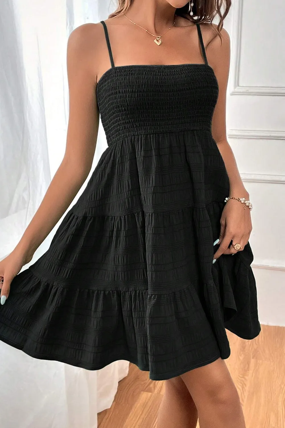 Black Smocked Textured Tiered Skater Cami Dress