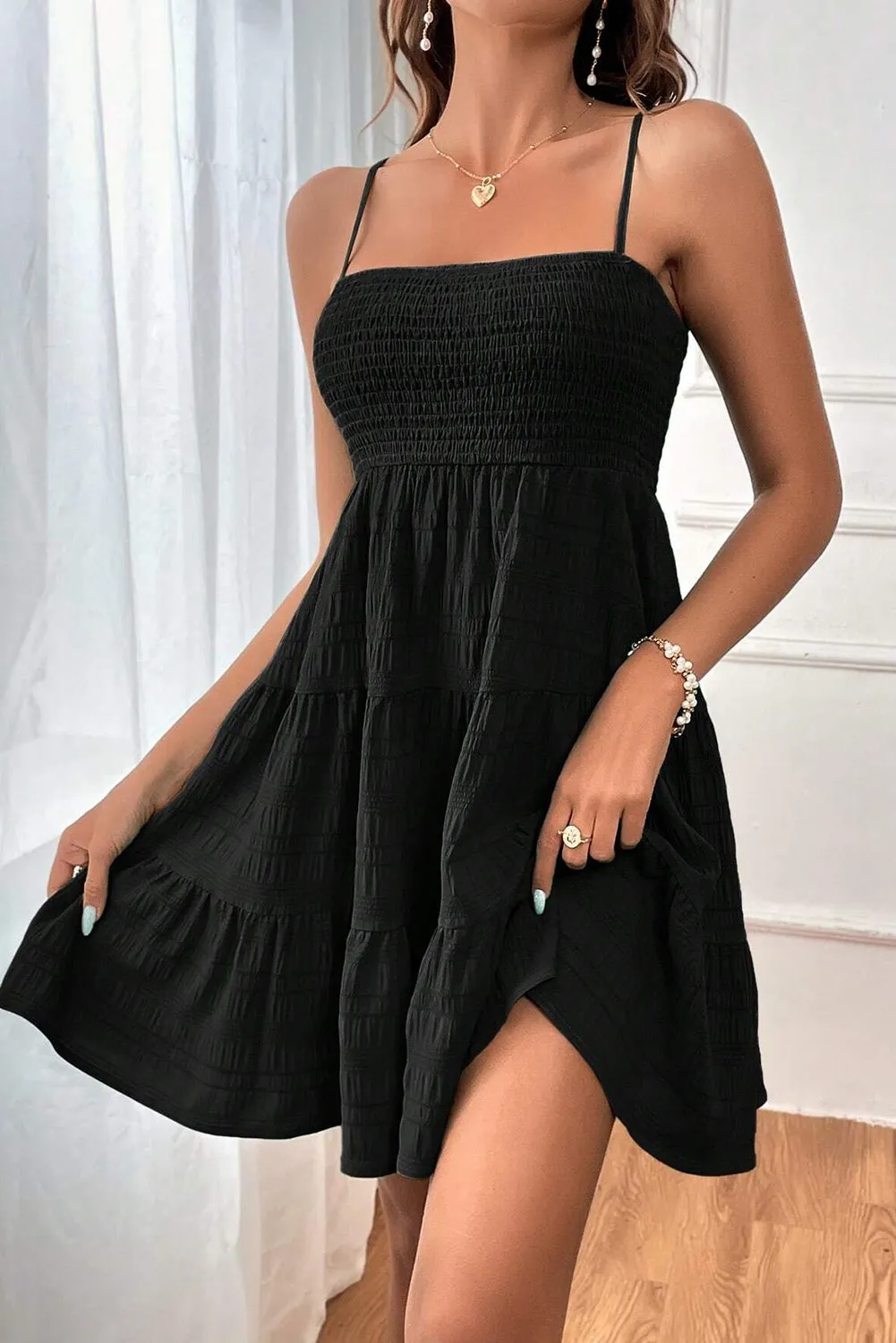 Black Smocked Textured Tiered Skater Cami Dress