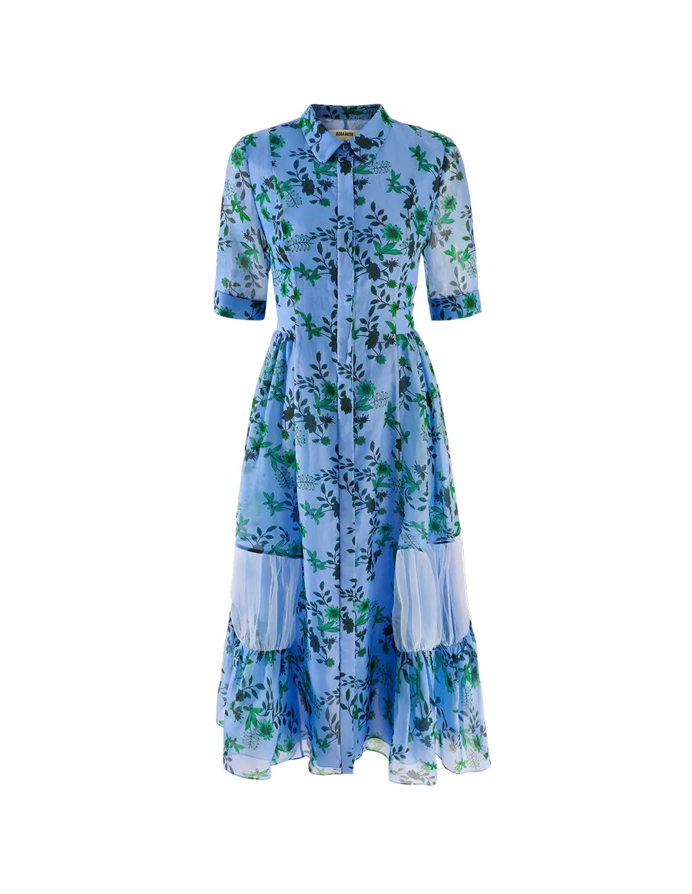 BORA AKSU Blue-Green Floral Print Silk Dress