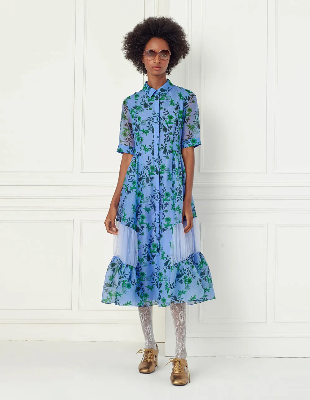 BORA AKSU Blue-Green Floral Print Silk Dress