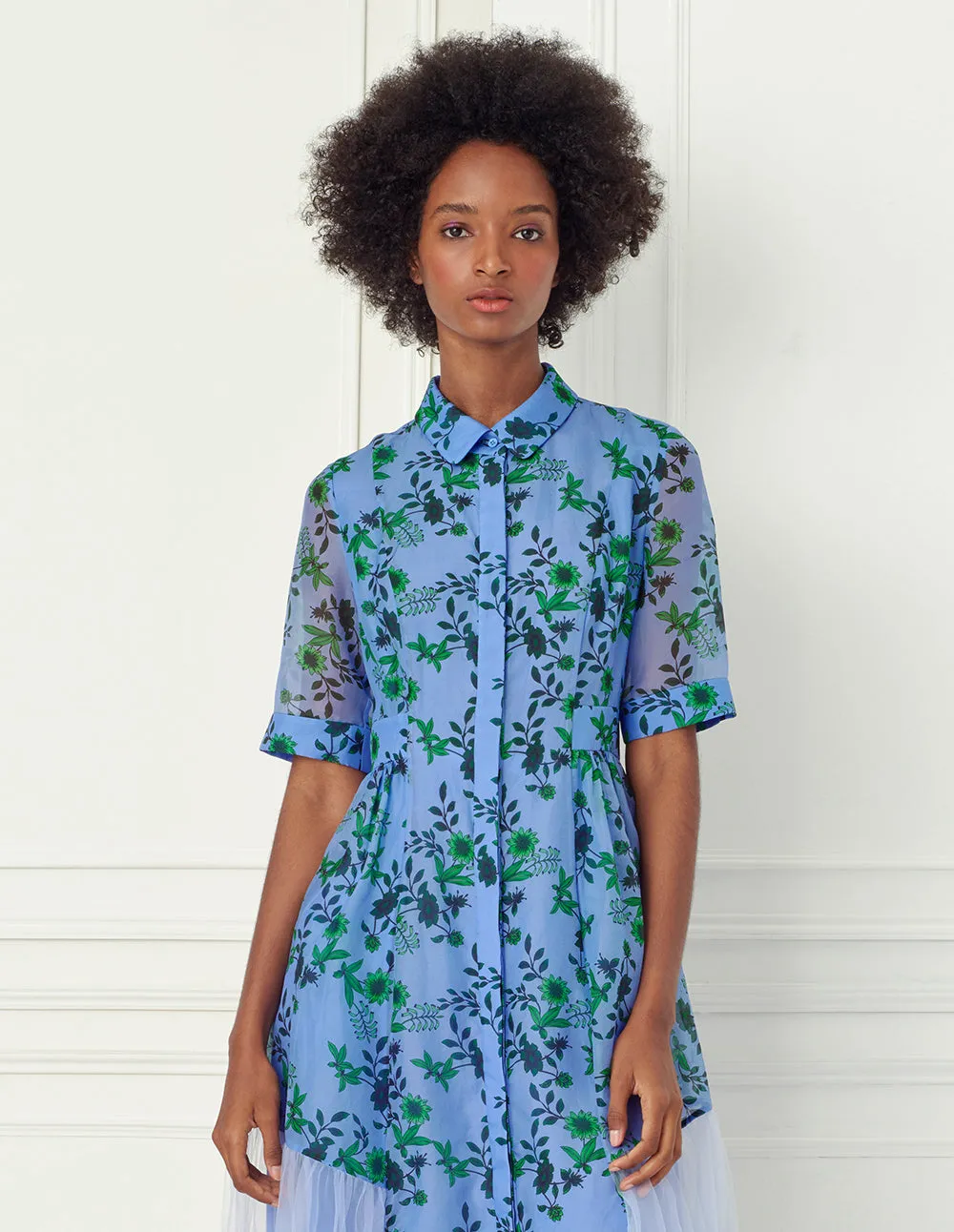 BORA AKSU Blue-Green Floral Print Silk Dress