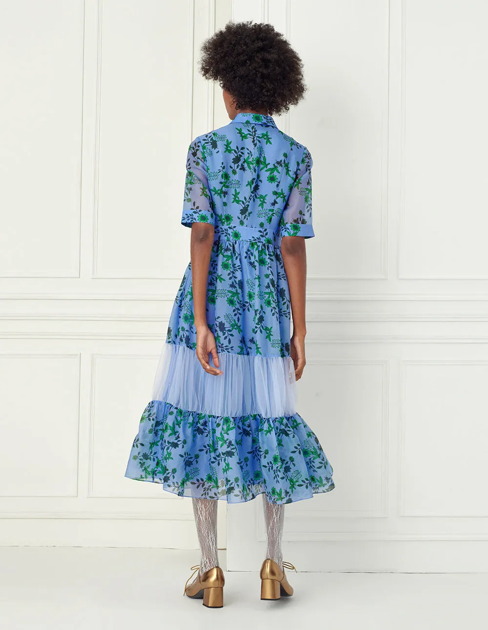 BORA AKSU Blue-Green Floral Print Silk Dress