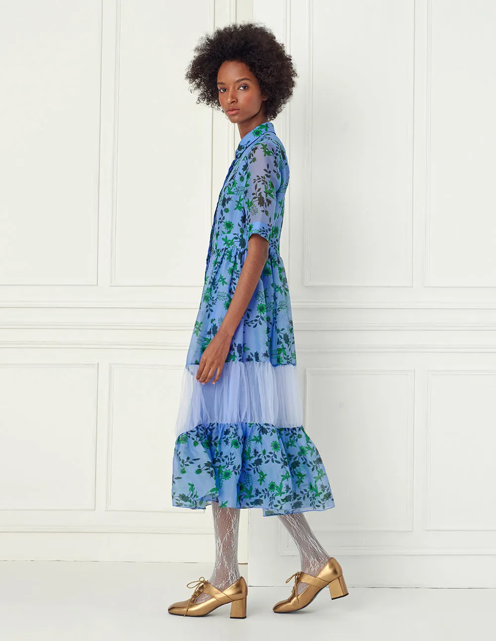 BORA AKSU Blue-Green Floral Print Silk Dress