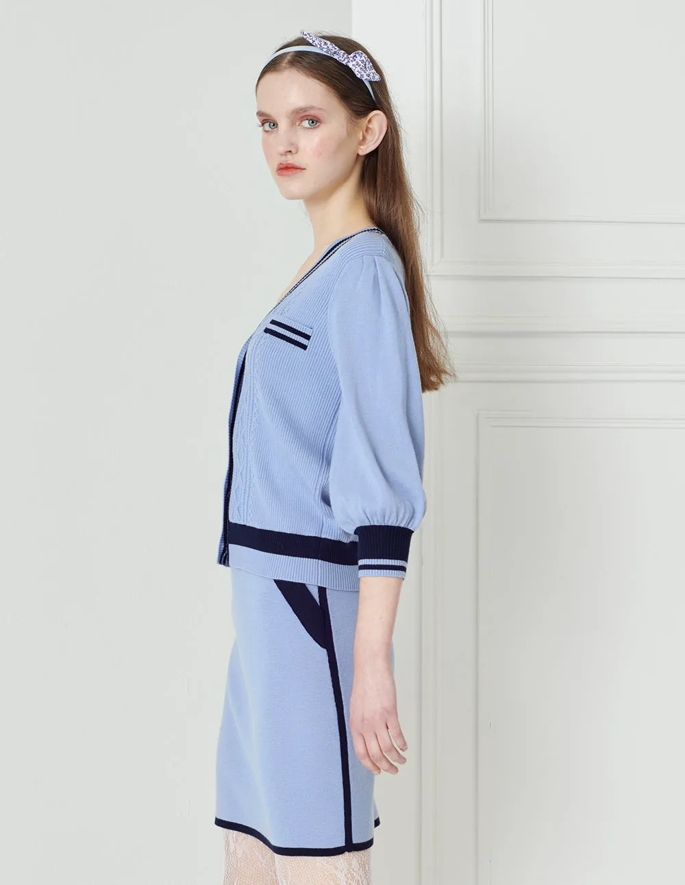 BORA AKSU Elegant And Simple Foggy Blue Colour-Block Knitted Skirt