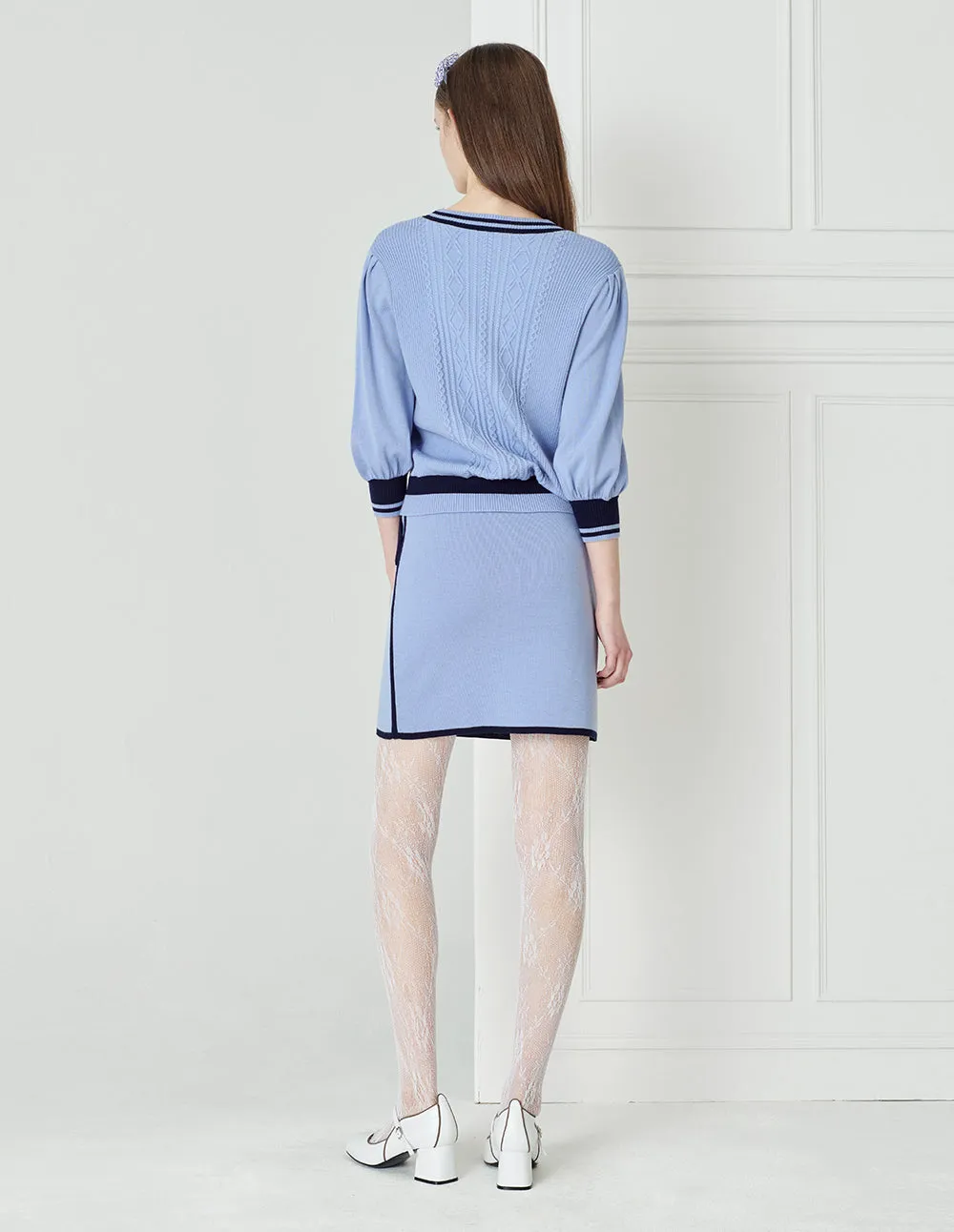 BORA AKSU Elegant And Simple Foggy Blue Colour-Block Knitted Skirt