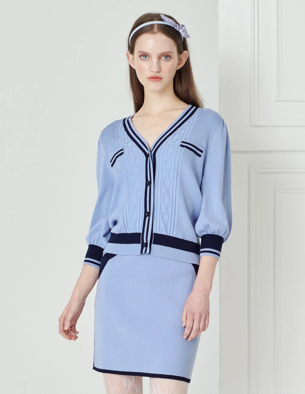 BORA AKSU Elegant And Simple Foggy Blue Colour-Block Knitted Skirt