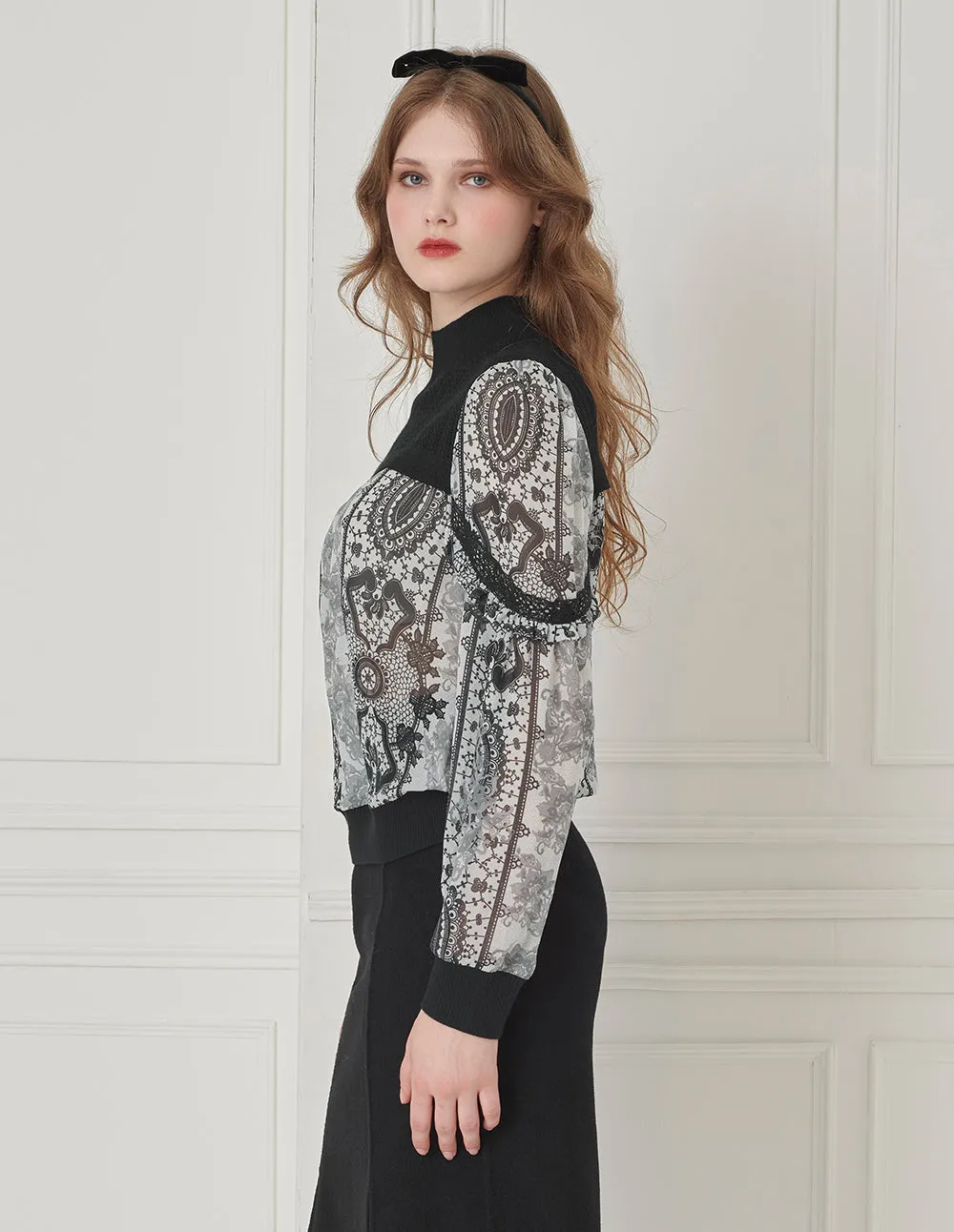 BORA AKSU Stand Collar Knitted Patchwork Printed Top