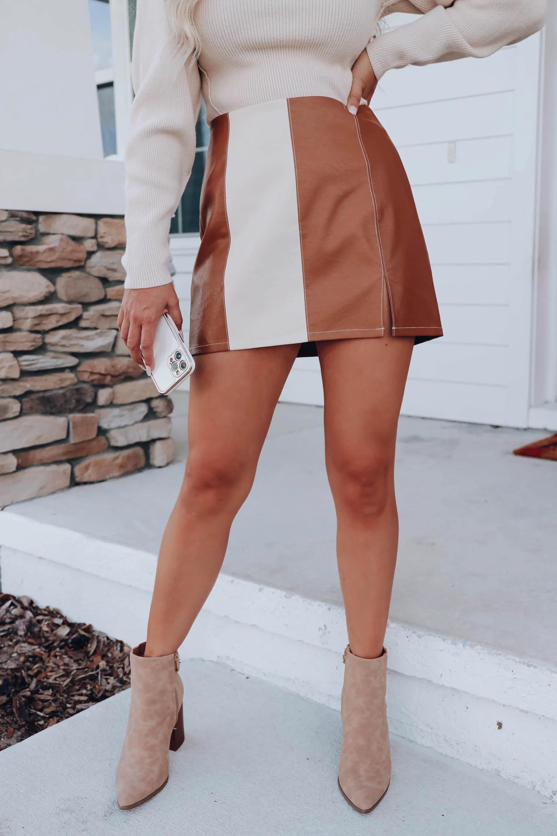 Brandy Color Block Faux Leather Skirt