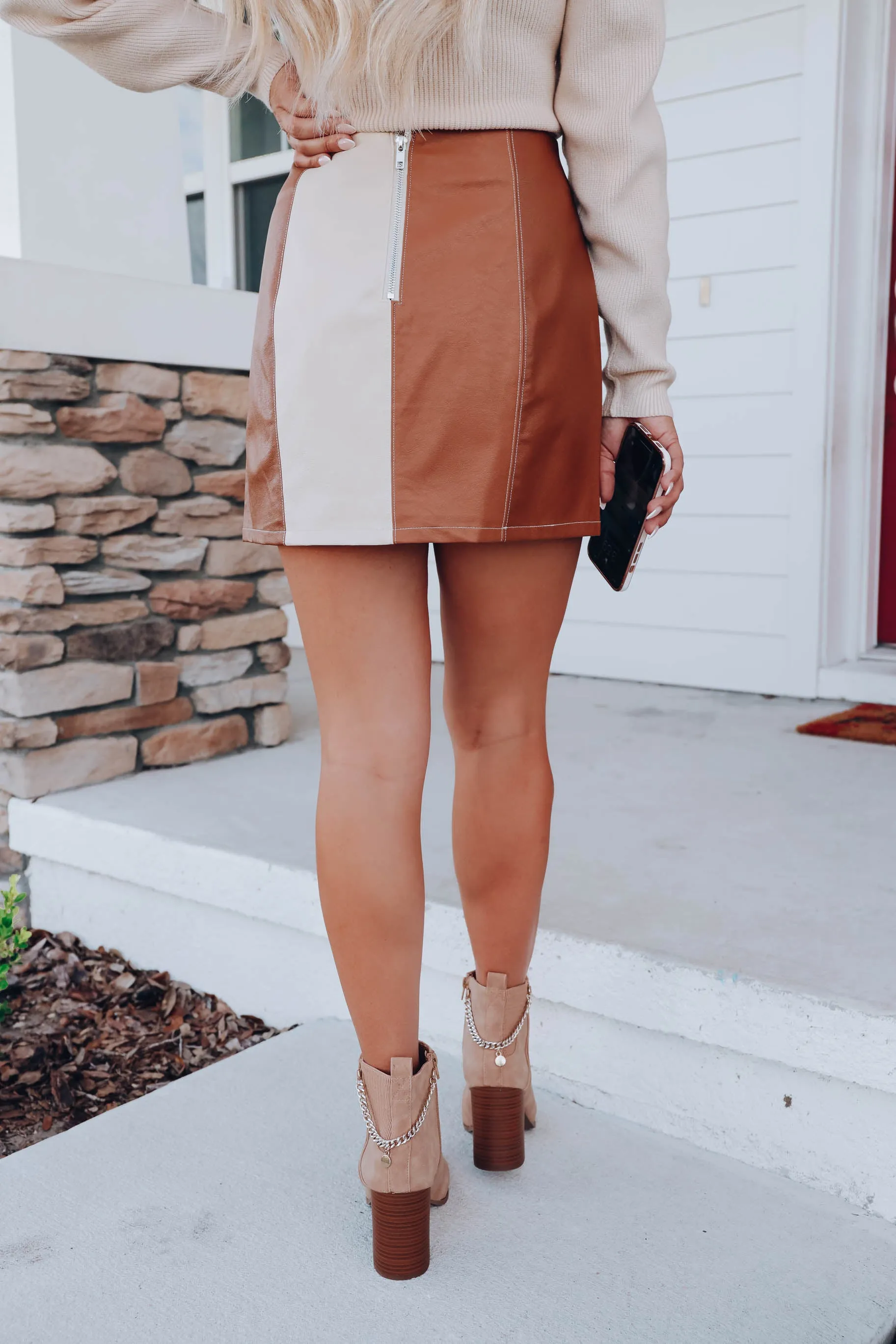 Brandy Color Block Faux Leather Skirt